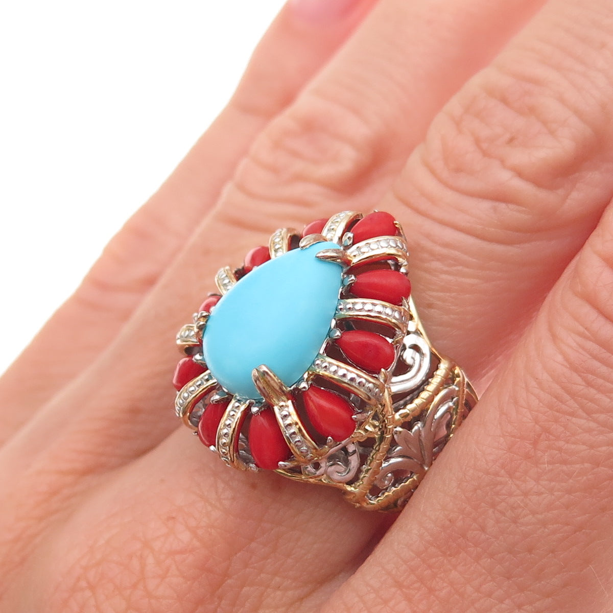 Michael Valitutti Gems En Vogue 925 Sterling Real Turquoise Coral Ring Size 8.25