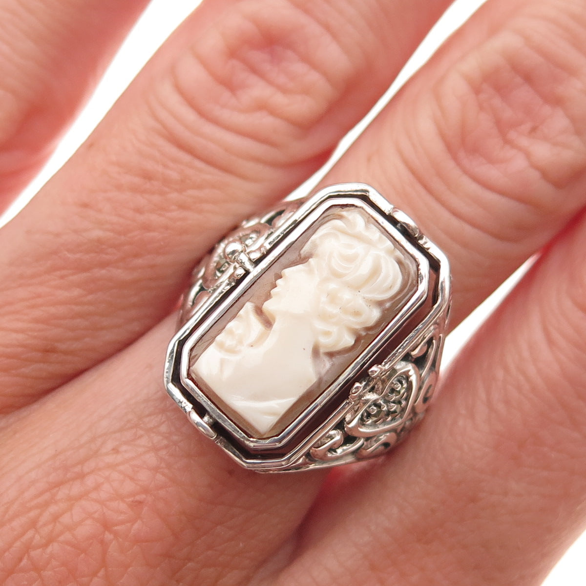 925 Sterling Silver Vintage Sapphire Onyx MOP Lady Cameo Reversible Ring Size 9