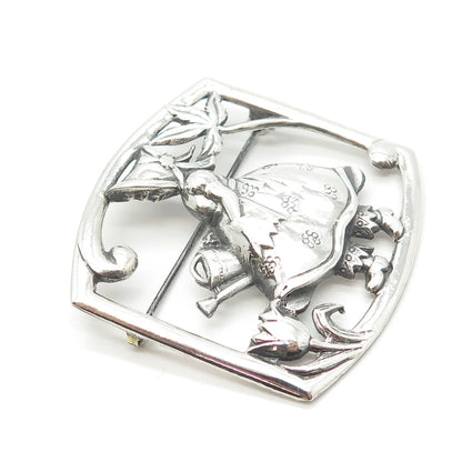 925 Sterling Silver Vintage Girl & Floral Pin Brooch