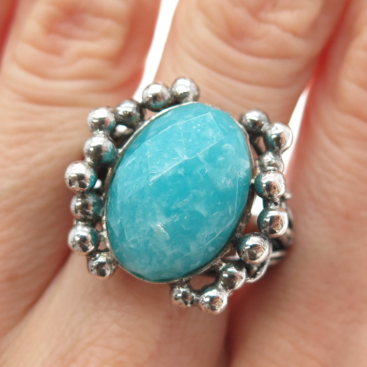 RIDER 950 Silver Vintage Real Amazonite Modernist Oxidized Ring Size 7.5