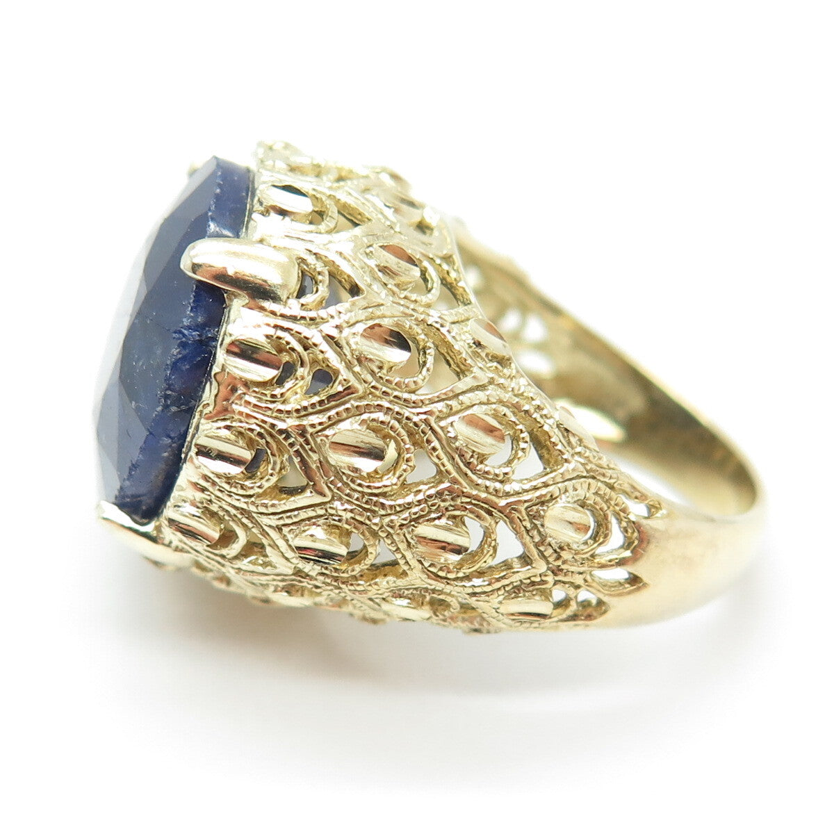 925 Sterling Silver Gold Plated Real Round-Cut Sapphire Ornate Ring Size 7