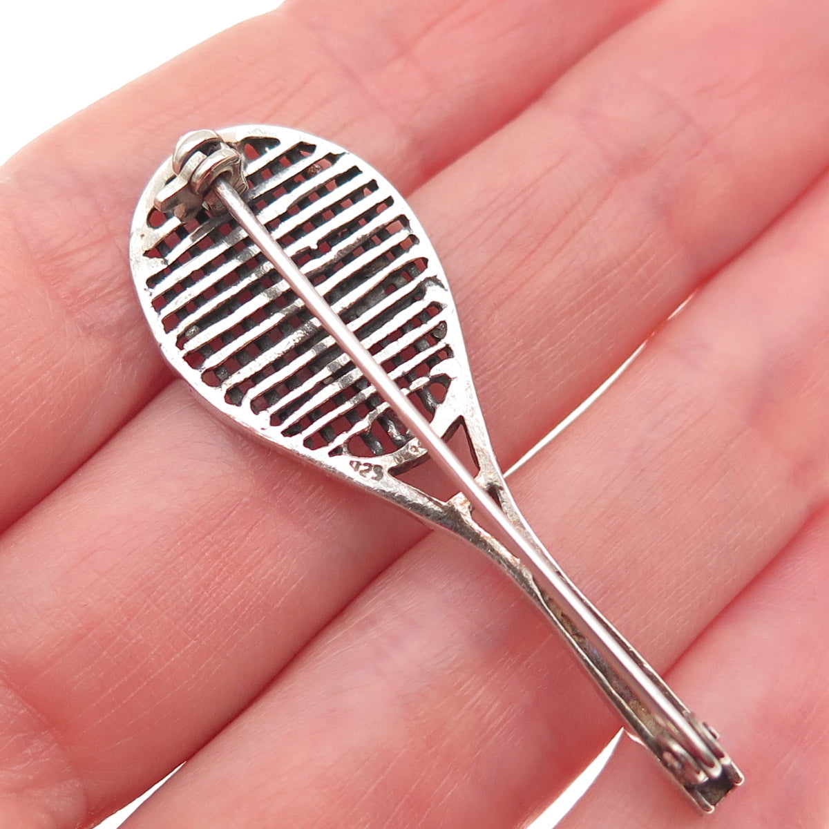 Boma 925 Sterling Silver Vintage Tennis Racket Oxidized Pin Brooch