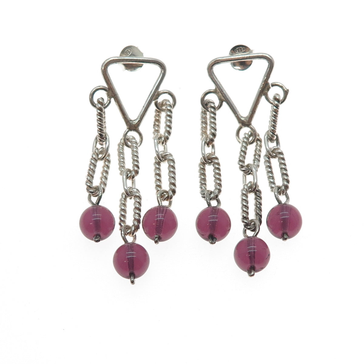 925 Sterling Silver Vintage Amethyst Modernist Drop Chain Ball Dangle Earrings