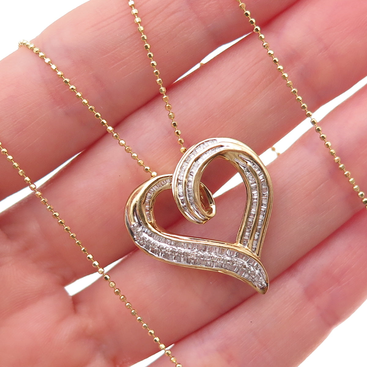 925 Sterling Silver Gold Plated Real Diamond Heart Beaded Chain Necklace 18"
