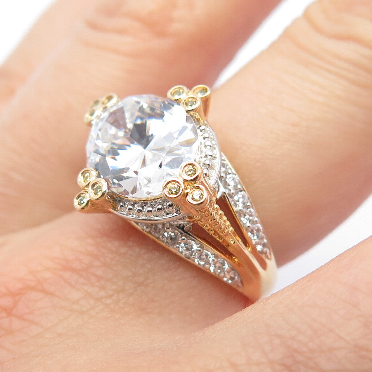 925 Sterling Silver Gold Plated C Z Wide Ring Size 6
