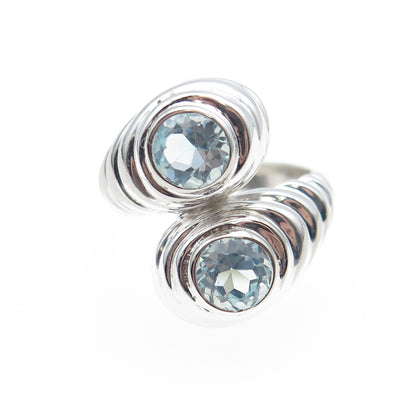 925 Sterling Silver Vintage Real Blue Topaz Modernist Bypass Ring Size 7