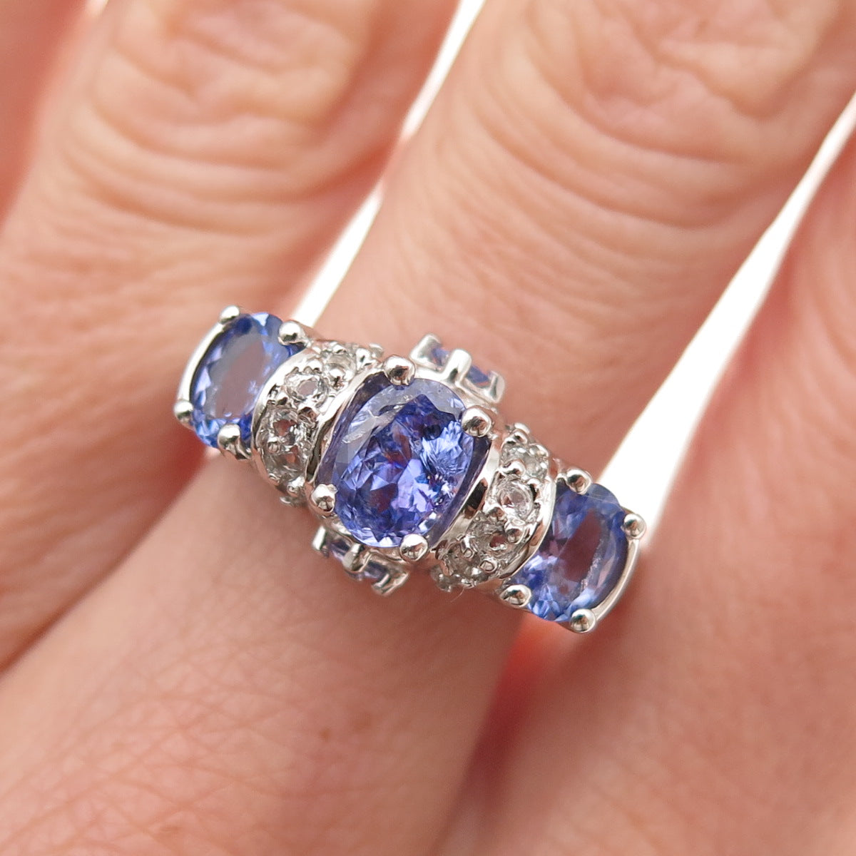 925 Sterling Silver Real Oval-Cut Tanzanite & Round-Cut White Topaz Ring Size 8