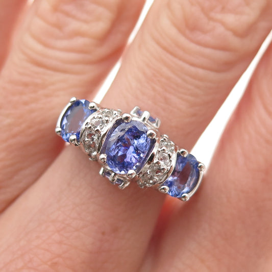 925 Sterling Silver Real Oval-Cut Tanzanite & Round-Cut White Topaz Ring Size 8