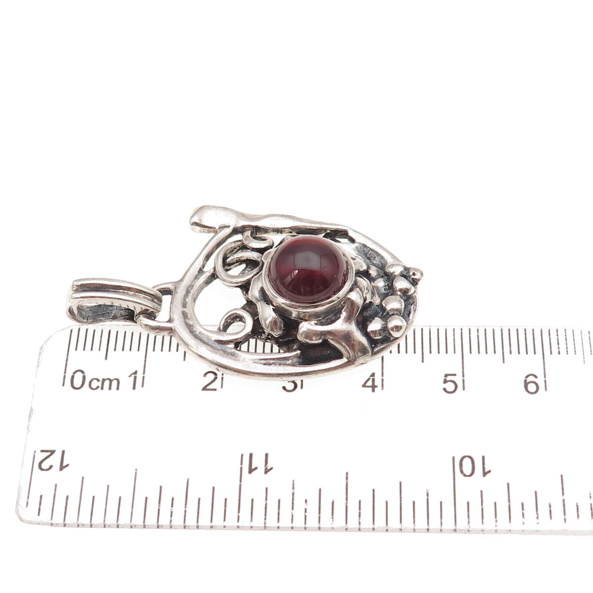 925 Sterling Silver Vintage Real Garnet Modernist Floral Oxidized Charm Pendant