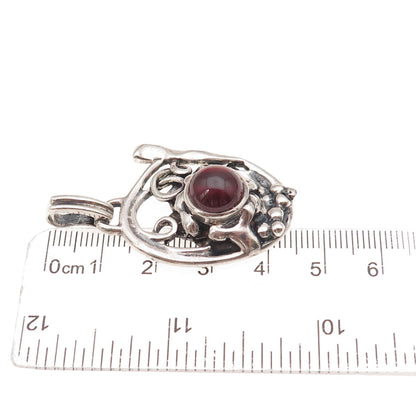 925 Sterling Silver Vintage Real Garnet Modernist Floral Oxidized Charm Pendant