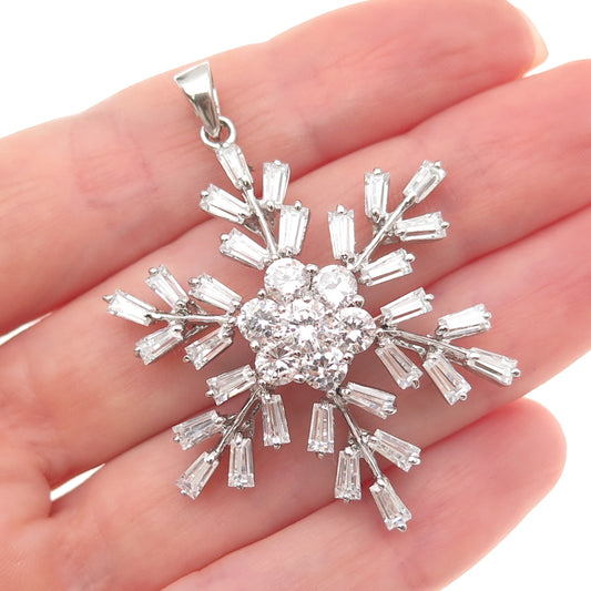 925 Sterling Silver Round & Tapered Baguette-Cut C Z Snowflake Charm Pendant