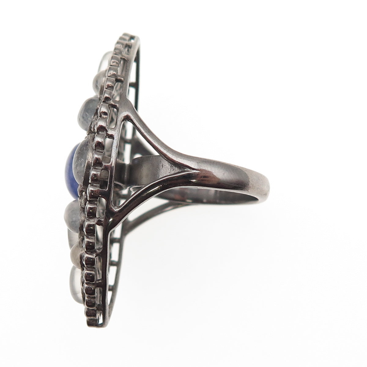 DSMK Sterling Silver Black Rhodium Real Tanzanite Moonstone & Topaz Ring Size 7