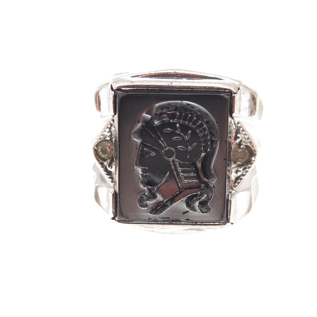 Clark & Coombs Sterling Antique Hematite Rhinestone Roman Warrior Ring Size 4.5