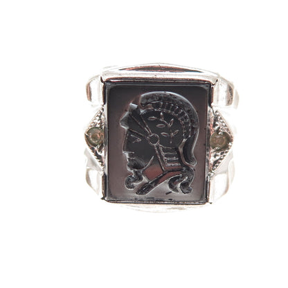 Clark & Coombs Sterling Antique Hematite Rhinestone Roman Warrior Ring Size 4.5
