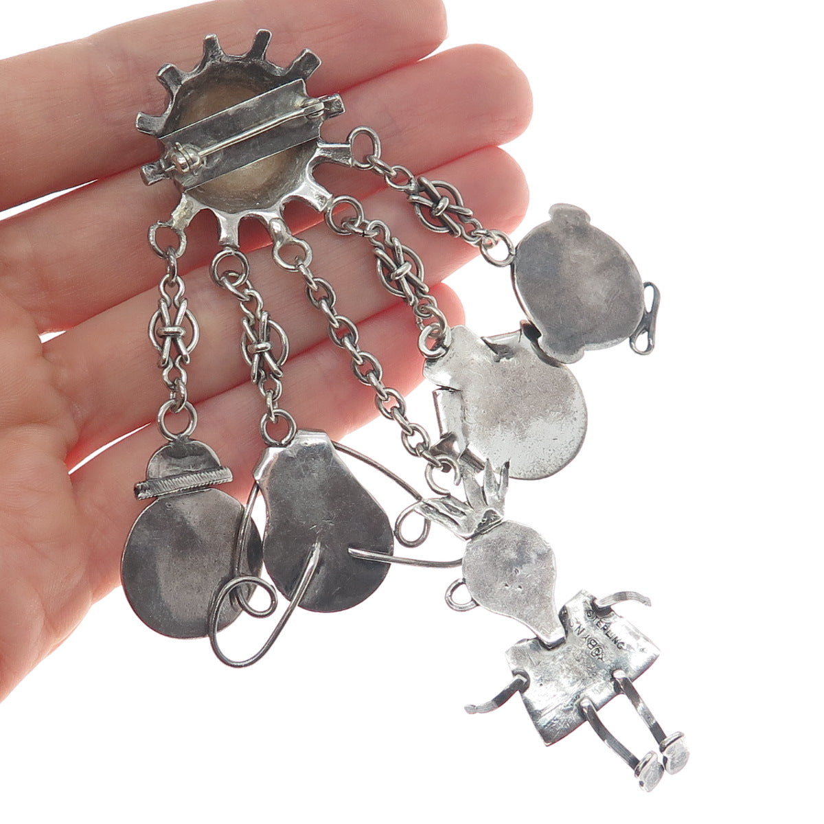 ROBYN'S 925 Sterling Vintage Children Modernist Chatelaine Oxidized Pin Brooch