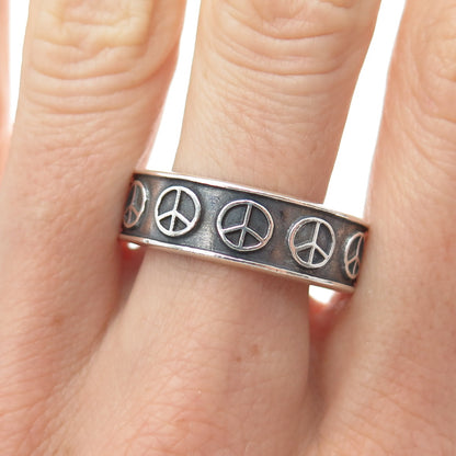 925 Sterling Silver Vintage Mexico Peace Symbol Oxidized Band Ring Size 12.25