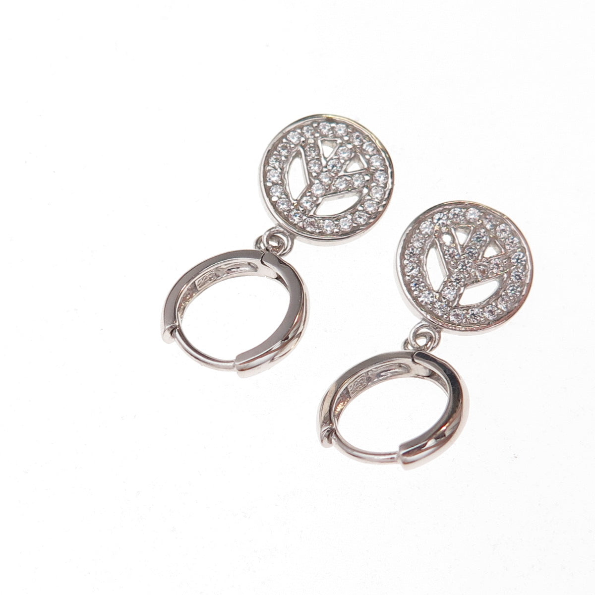 925 Sterling Silver Round-Cut C Z Peace Symbol Dangle Earrings