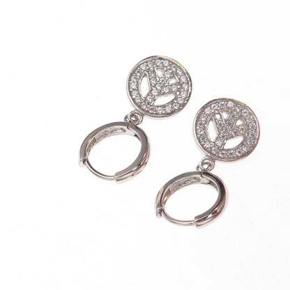 925 Sterling Silver Round-Cut C Z Peace Symbol Dangle Earrings