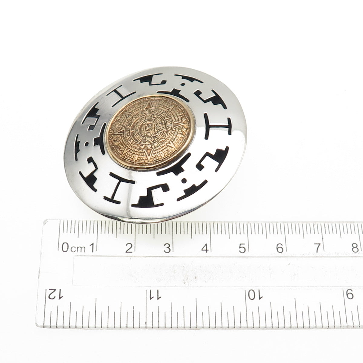 925 Sterling Silver 2-Tone Vintage Mexico Mayan Calendar Pin Brooch / Pendant
