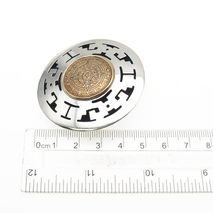 925 Sterling Silver 2-Tone Vintage Mexico Mayan Calendar Pin Brooch / Pendant
