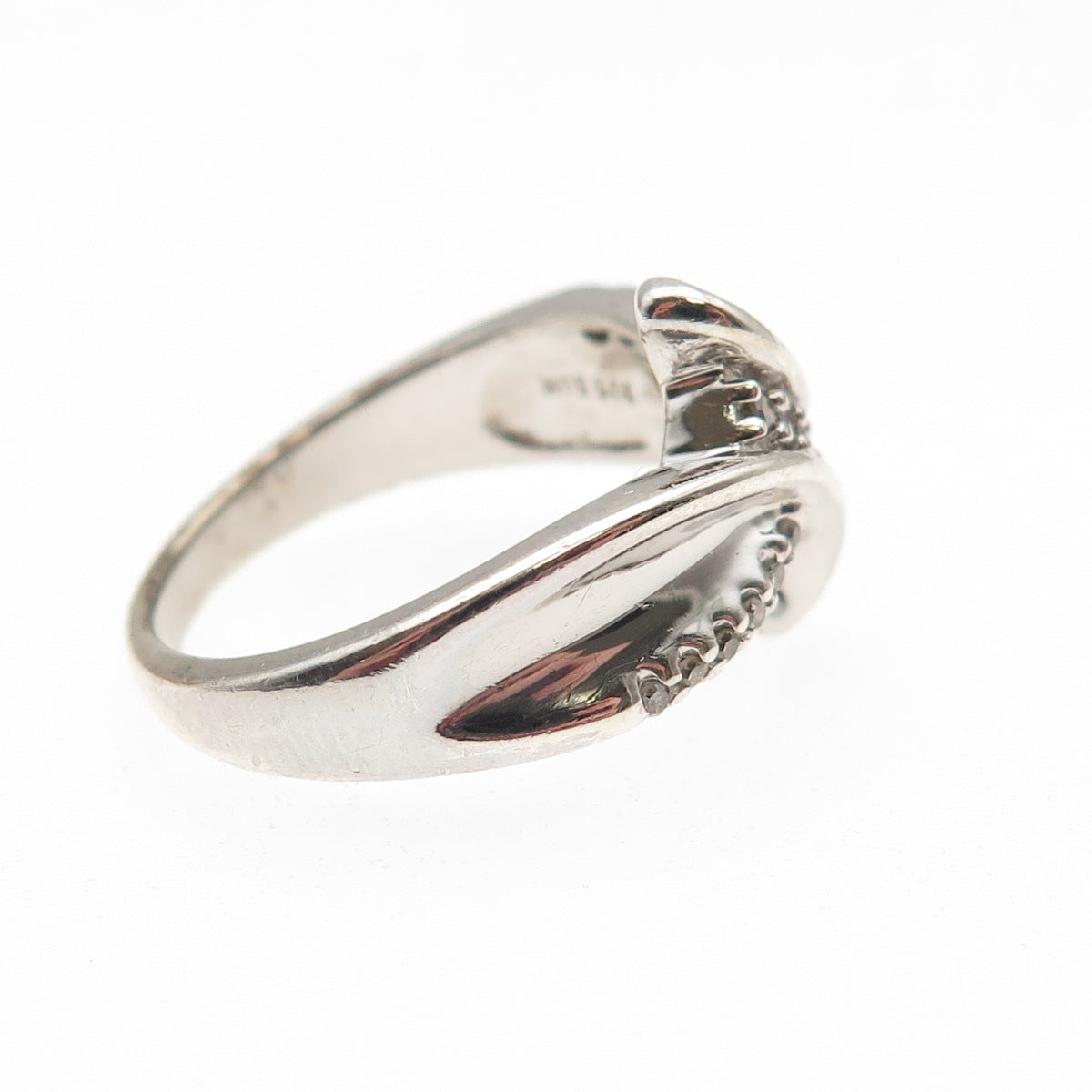 SUN 925 Sterling Silver Real Round-Cut Diamond Bypass Ring Size 6.75