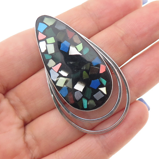 925 Sterling Silver Vintage Israel Real Multi-Color Gem Inlay Pin Brooch Pendant