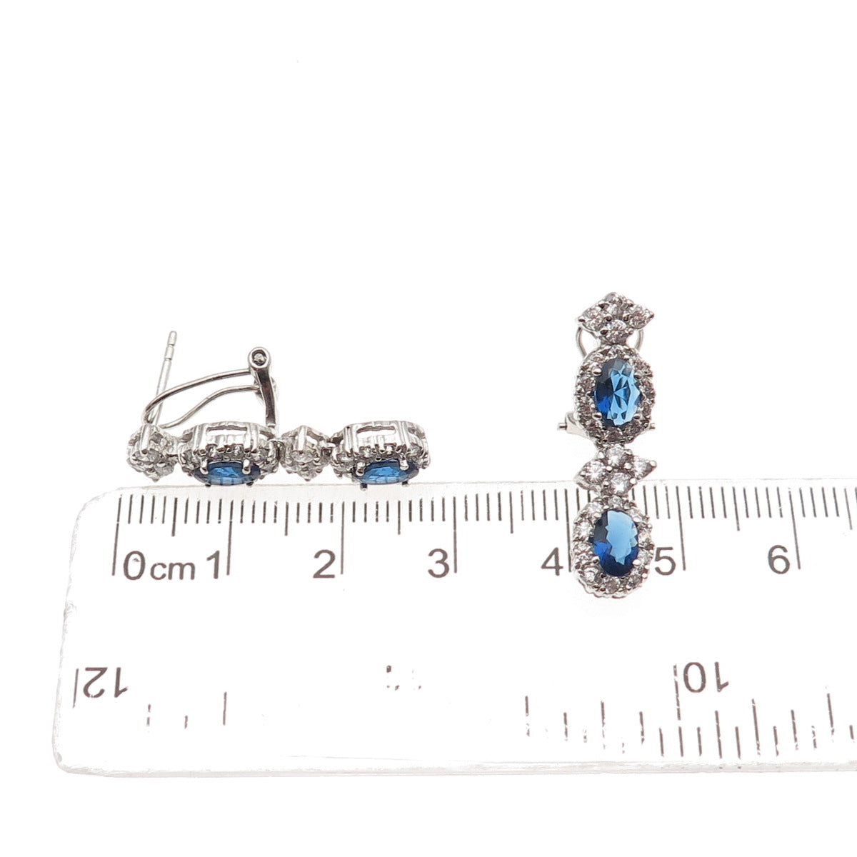 925 Sterling Silver Blue & White C Z Bohemian Omega Back Earrings