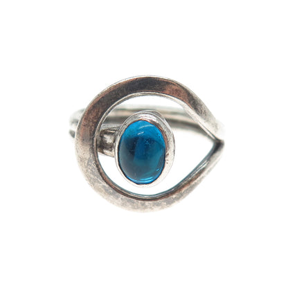 925 Sterling Silver Vintage Mexico Blue C Z Modernist Hook & Eye Ring Size 7.75
