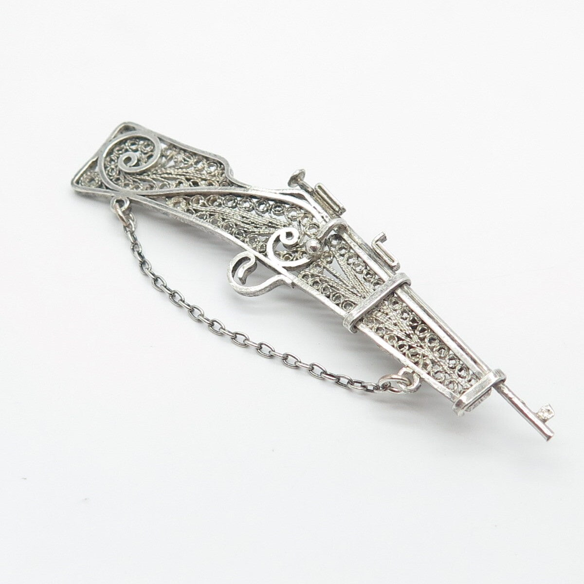 925 Sterling Silver Vintage Rifle Ornate Pin Brooch