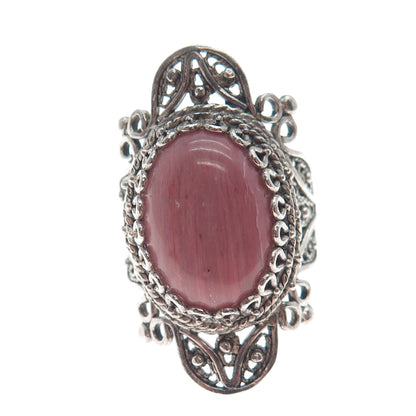 925 Sterling Silver Vintage Real Rhodochrosite Filigree Ring Size 9.25