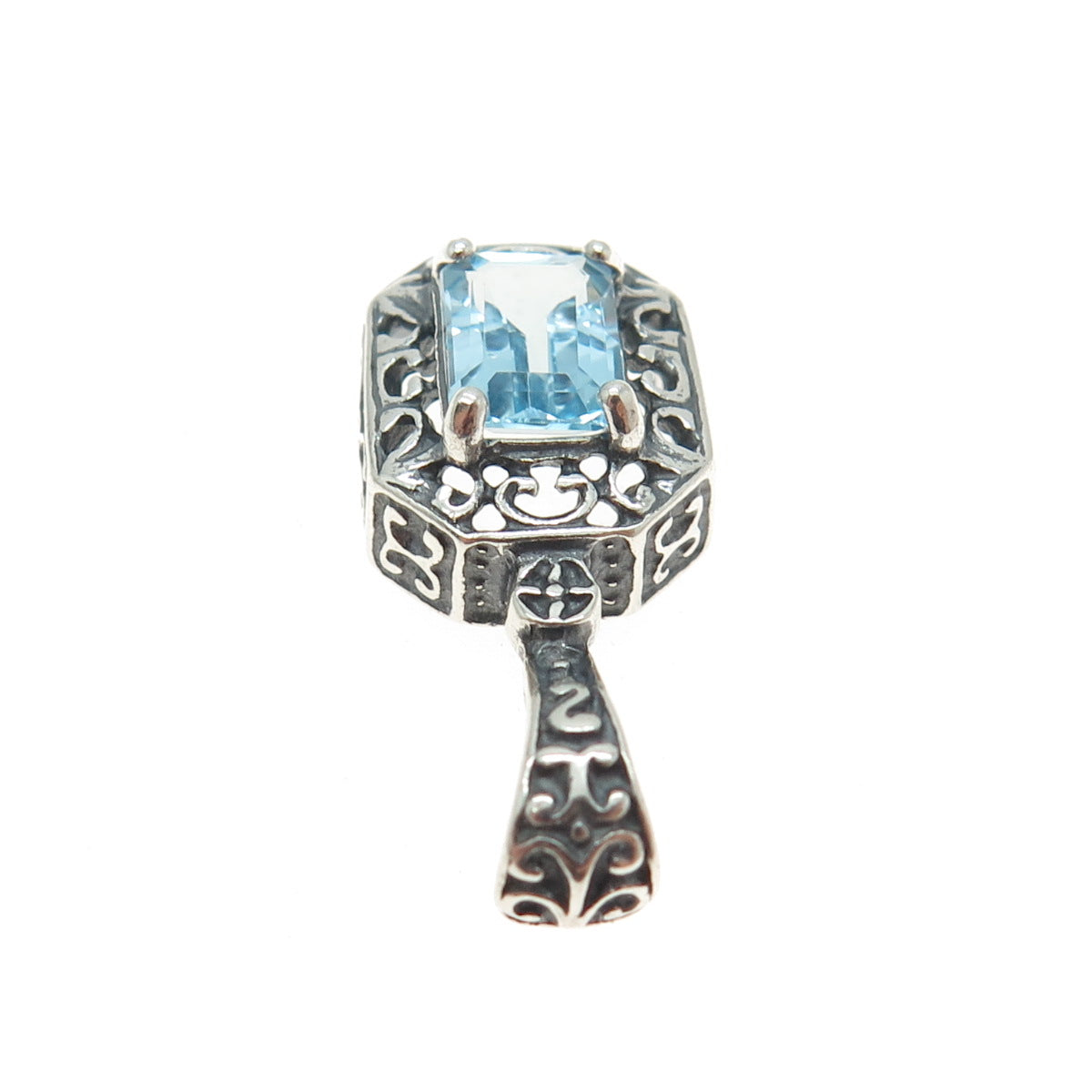 925 Sterling Silver Vintage Real Emerald-Cut Blue Topaz Oxidized Pendant