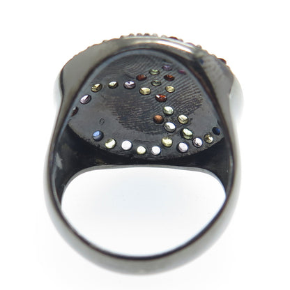 925 Sterling Silver Black Rhodium Enamel Real Multi-Sapphire Ring Size 7.25