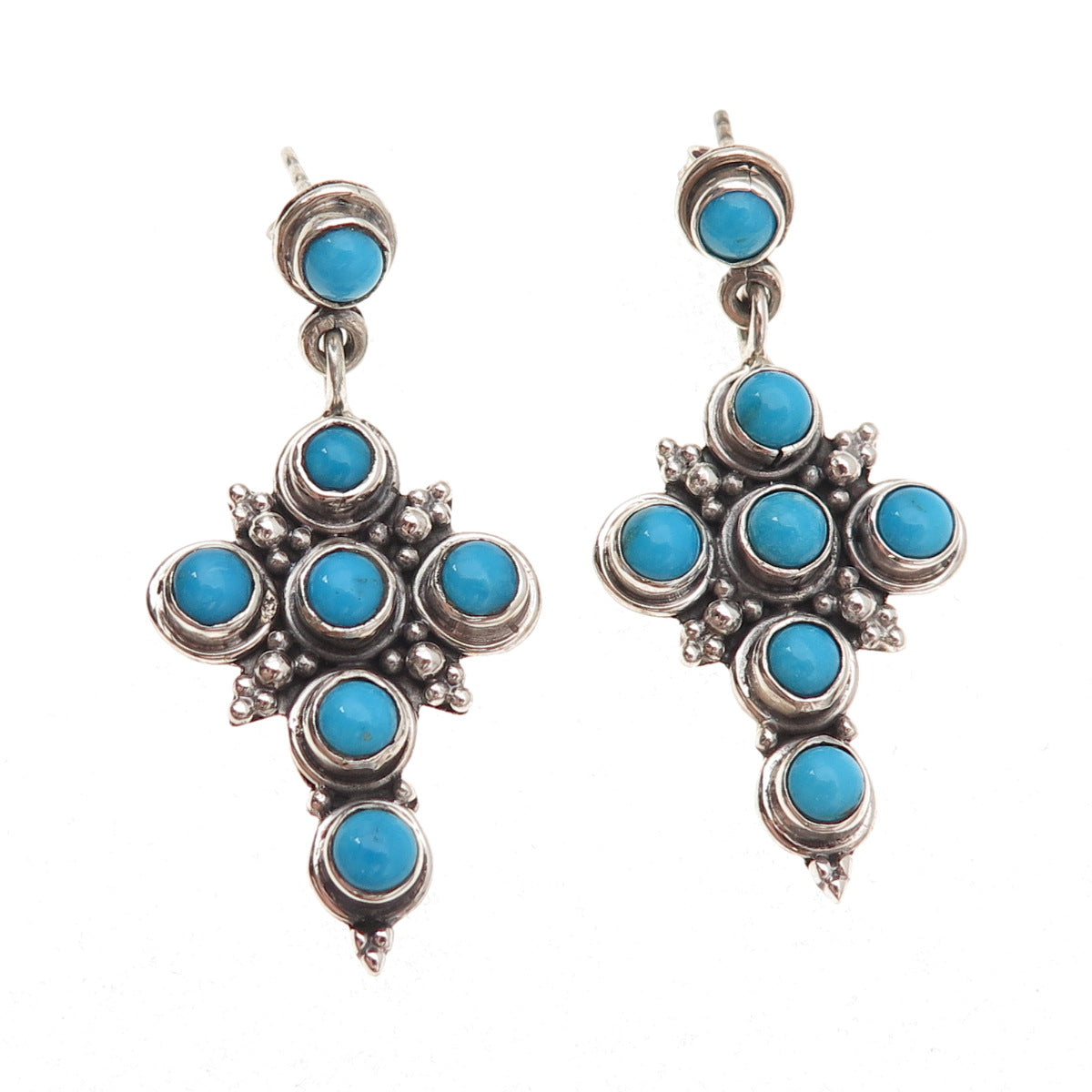 925 Sterling Silver Vintage Real Turquoise Cross Oxidized Dangle Earrings