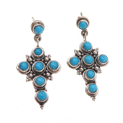 925 Sterling Silver Vintage Real Turquoise Cross Oxidized Dangle Earrings