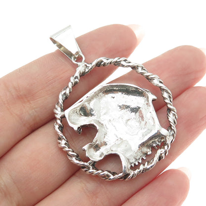 925 Sterling Silver Vintage Roaring Tiger Circle Pendant