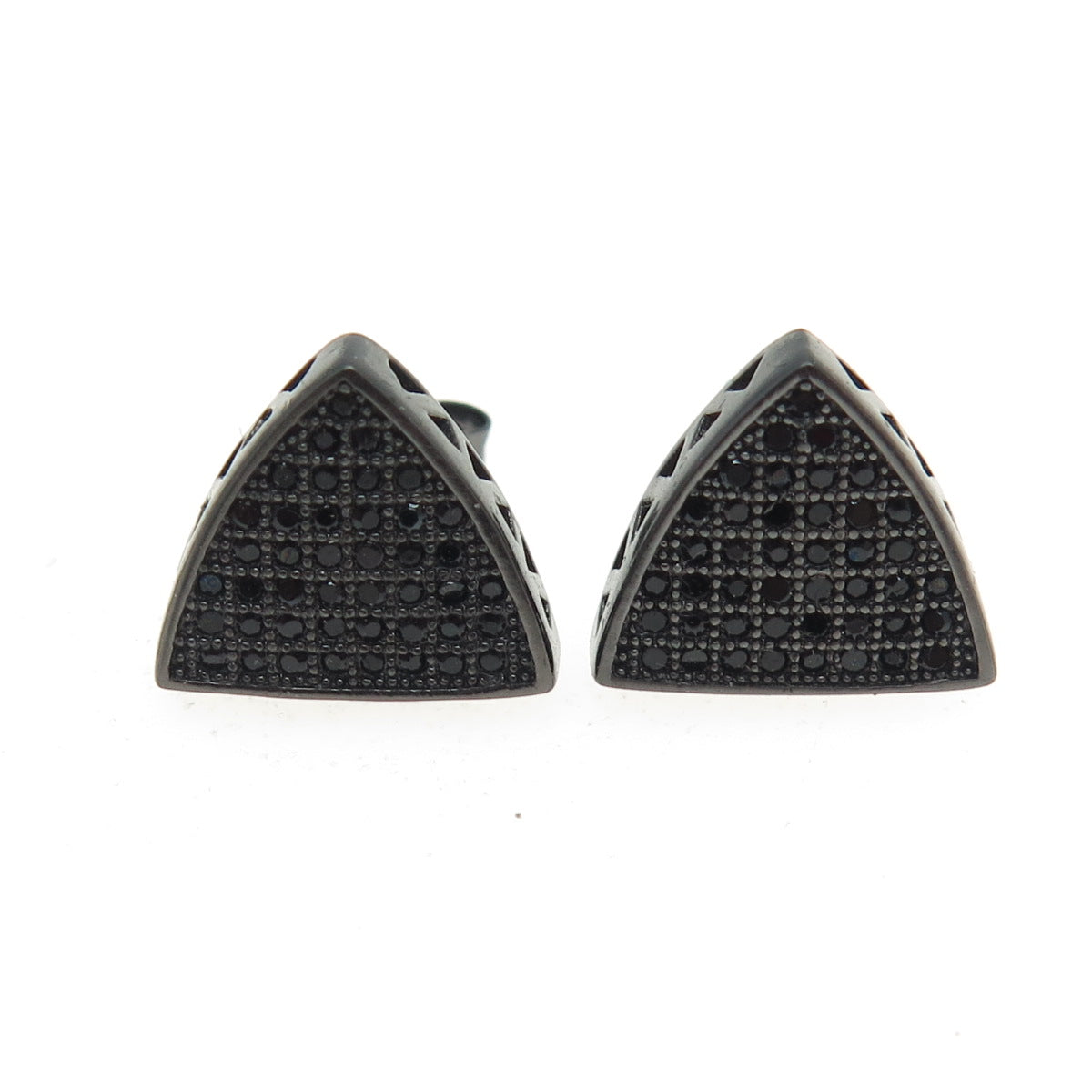 925 Sterling Silver Real Round-Cut Black Spinel Oxidized Triangle Earrings