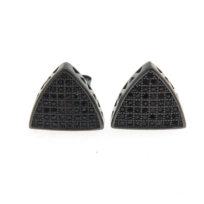 925 Sterling Silver Real Round-Cut Black Spinel Oxidized Triangle Earrings