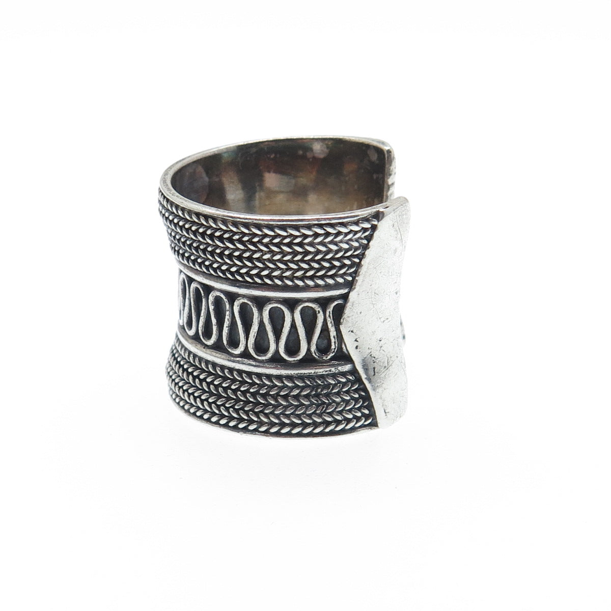 925 Sterling Silver Vintage Wheat & Wavy Oxidized Adjustable Cuff Ring Size 8
