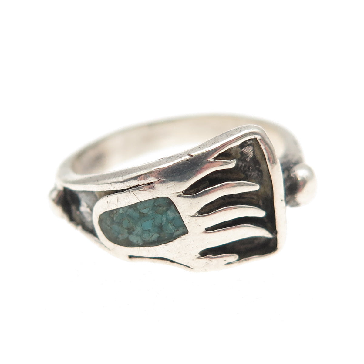 Old Pawn 925 Sterling Silver Vintage Turquoise Inlay Bear Paw Ring Size 5.75