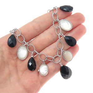 SAI 925 Sterling Silver Vintage Real MOP & Black Onyx Dangle Charms Necklace 18"