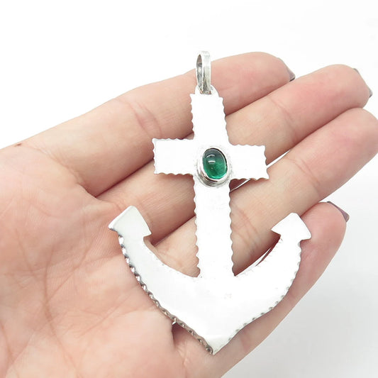 925 Sterling Silver Vintage Emerald-Color Glass Anchor Large Pendant