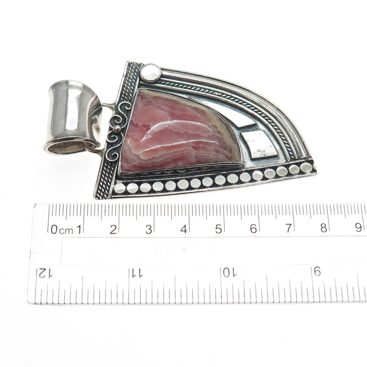 925 Sterling Silver Vintage Real Rhodochrosite Modernist Heavy 41.4g Pendant