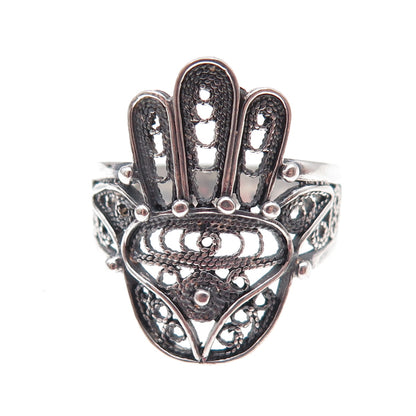 925 Sterling Silver Vintage Hamsa Amulet Filigree Oxidized Ring Size 10.25