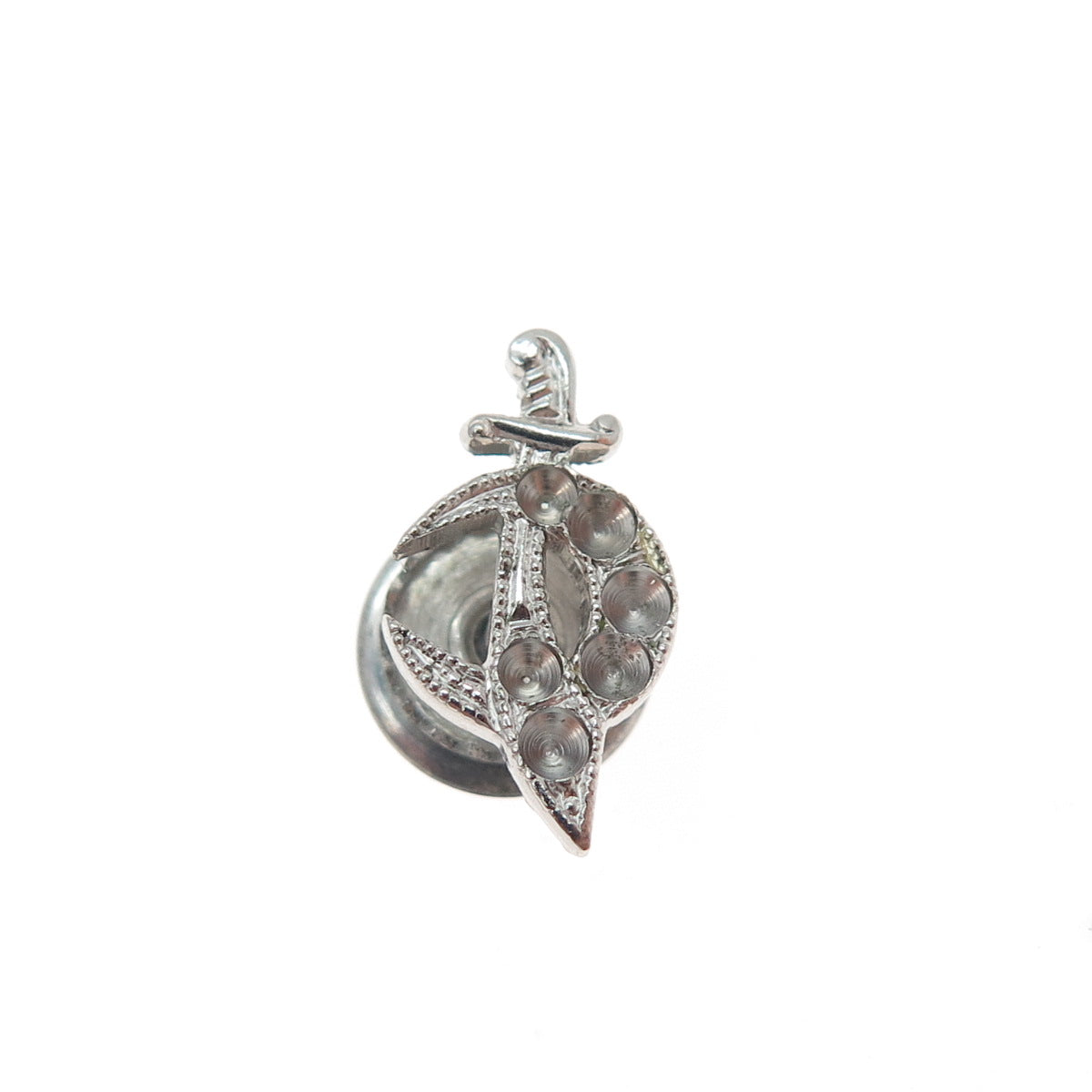 925 Sterling Silver Antique Crescent Warrior Dagger Lapel Pin (missing 6 stones)