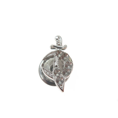 925 Sterling Silver Antique Crescent Warrior Dagger Lapel Pin (missing 6 stones)