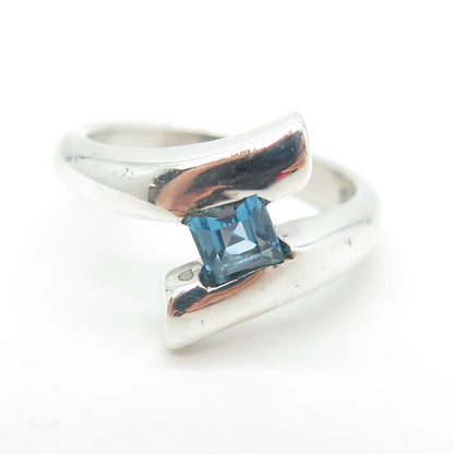 925 Sterling Silver Vintage Real Princess-Cut Blue Topaz Bypass Ring Size 4.75