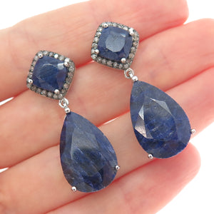925 Sterling Silver Real Diamond & Sapphire Dangle Earrings
