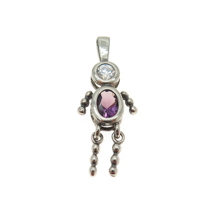925 Sterling Silver Vintage Real Amethyst Gemstone & C Z Articulated Boy Pendant