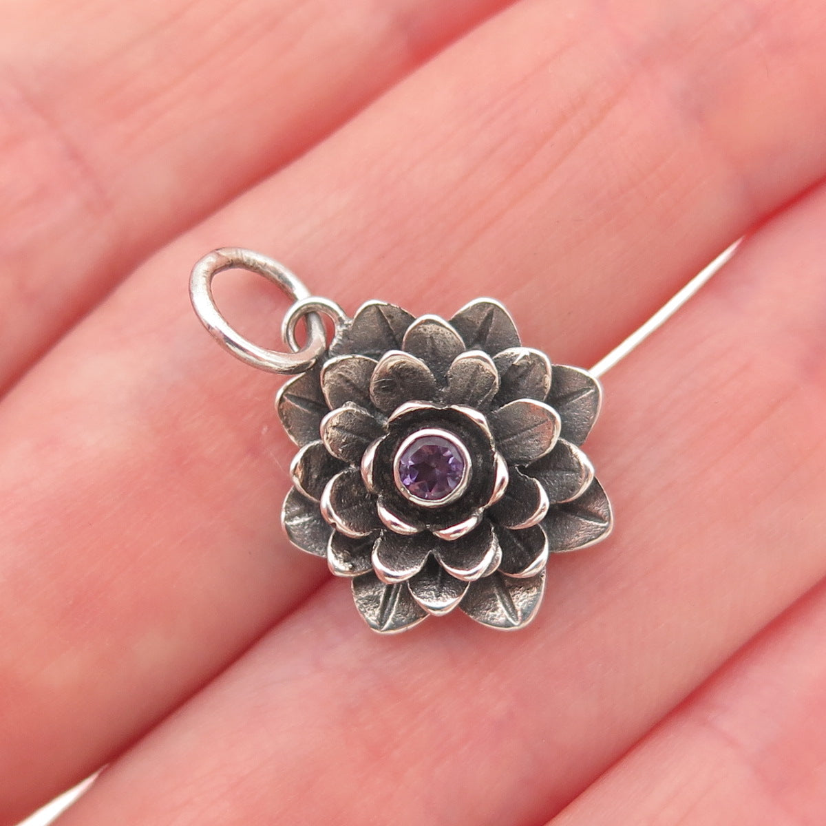 925 Sterling Silver Vintage Real Amethyst Flower Oxidized Mini Charm Pendant