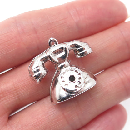 925 Sterling Silver Vintage Rotary Dial Retro Phone 3D Hollow Charm Pendant